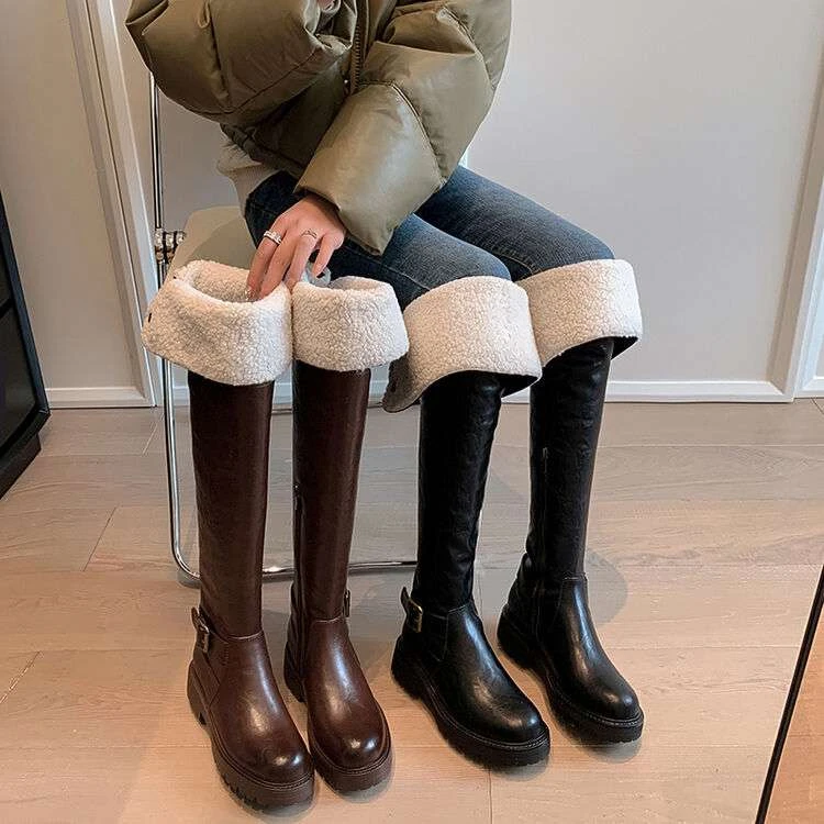 秋冬皮靴厚绒棉靴毛靴加绒过膝长靴棕色靴子长筒女骑士靴真皮靴MM
