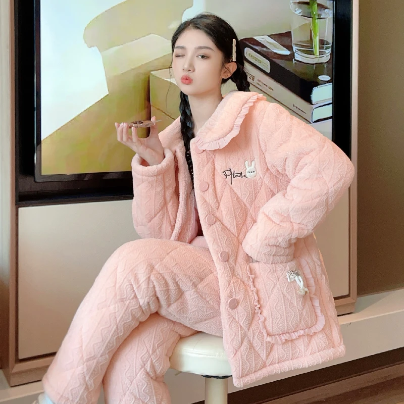 秋冬季新款三层夹棉加绒加厚法兰绒保暖小香风家居服睡衣两件套女