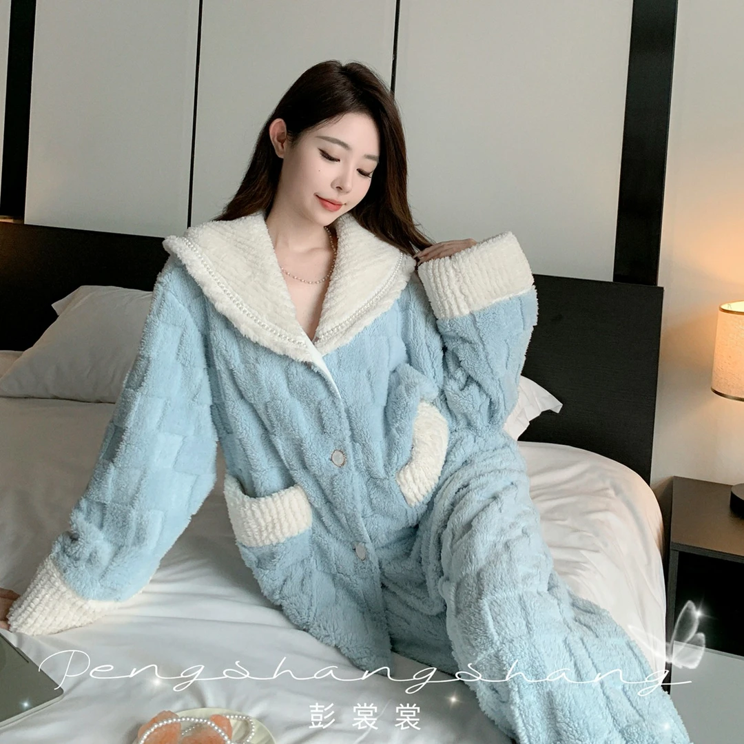 彭裳裳【蓝岛之恋】秋冬新款奢华优雅梦幻纯欲防寒家居服套装睡衣女
