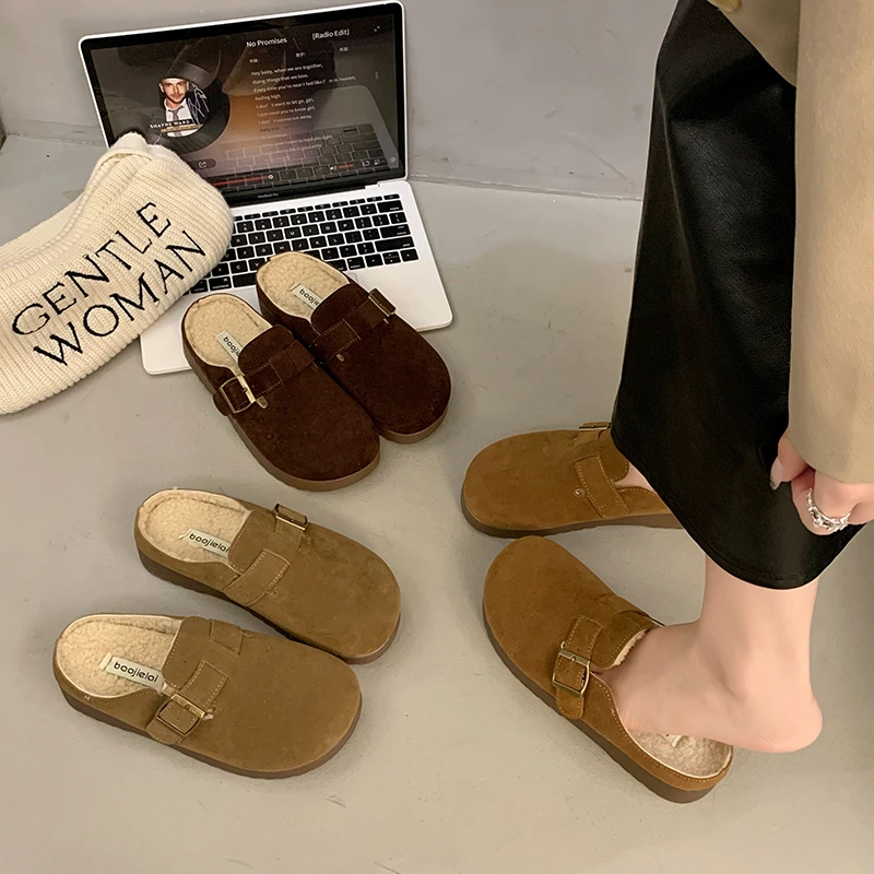 【】勃肯鞋包头半拖女懒人一脚蹬舒适百搭简约半包加绒勃肯鞋女复古