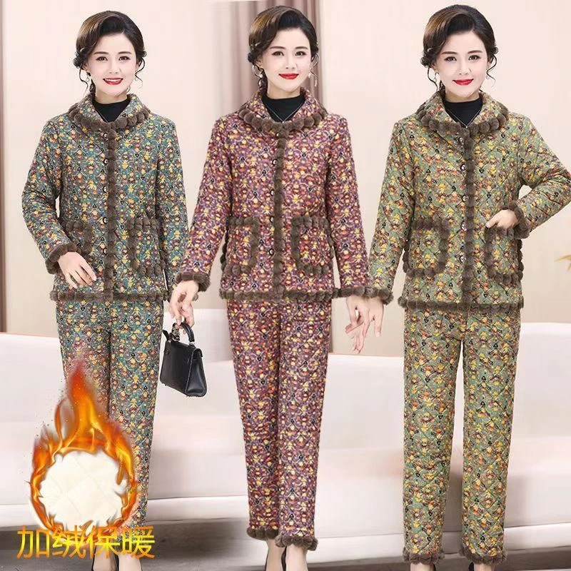 新款秋冬妈妈装棉衣棉裤加绒加厚保暖中老年碎花两件套时尚气质款