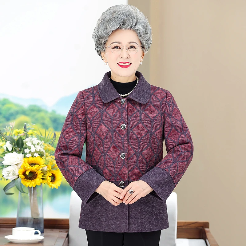 新款妈妈春秋装中年老人毛呢外套中老年人女装短款翻领奶奶装洋气