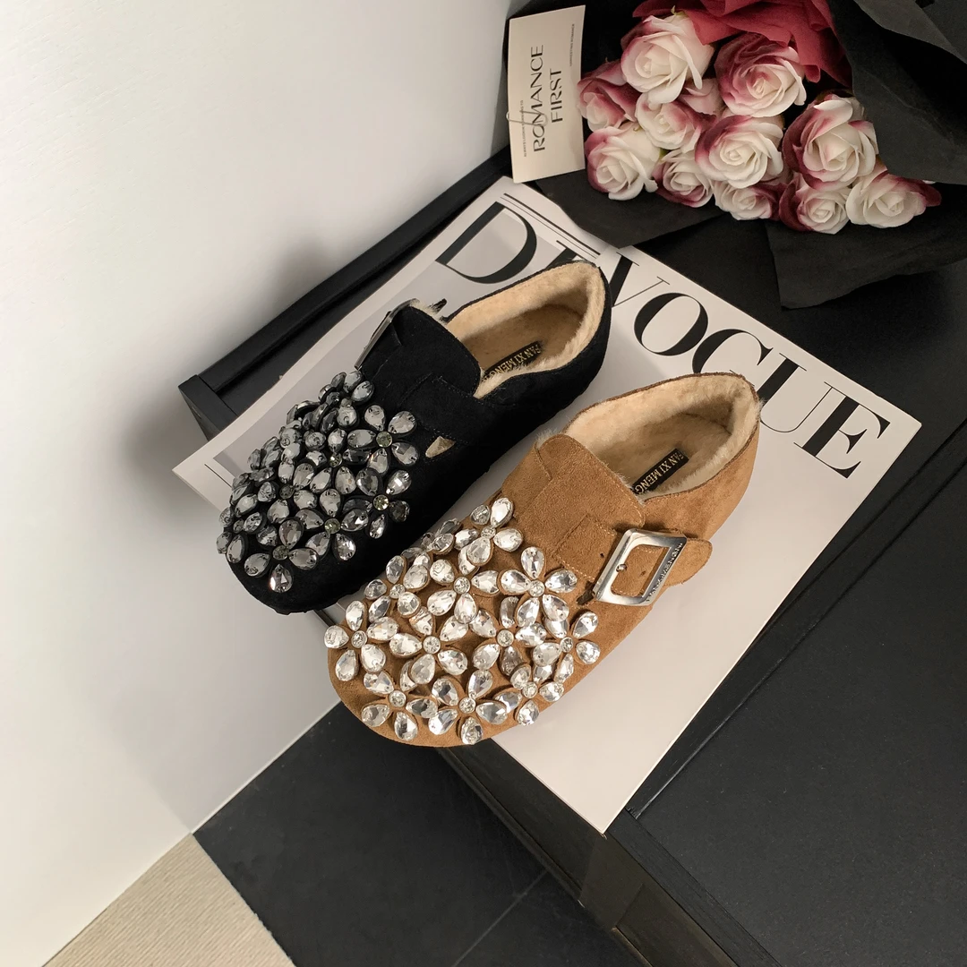 「重新定义慵懒风」2024秋冬新款加绒厚底带钻勃肯鞋女平跟圆头女鞋