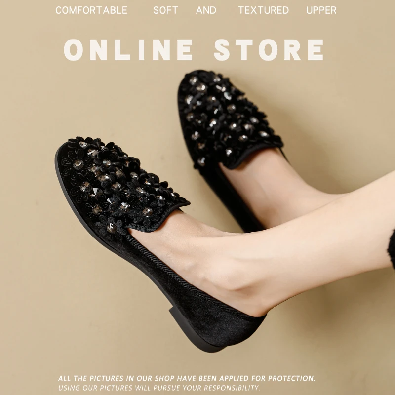 春秋新品水钻花朵乐福鞋女软底百搭时尚手工女鞋