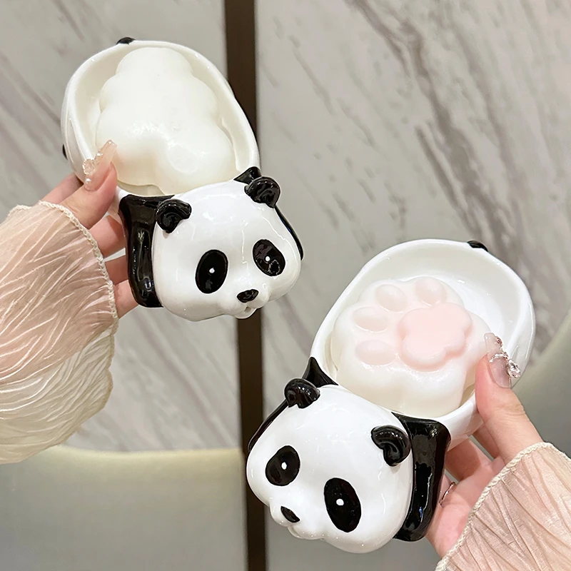 熊猫肥皂盒沥水香皂盒置物架卫生间家用陶瓷可爱皂碟托动物手绘