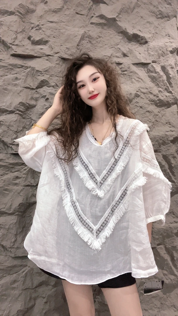 museguhui/木色古汇2268#苎麻衫休闲夏季宽松百搭蕾丝设计师小众