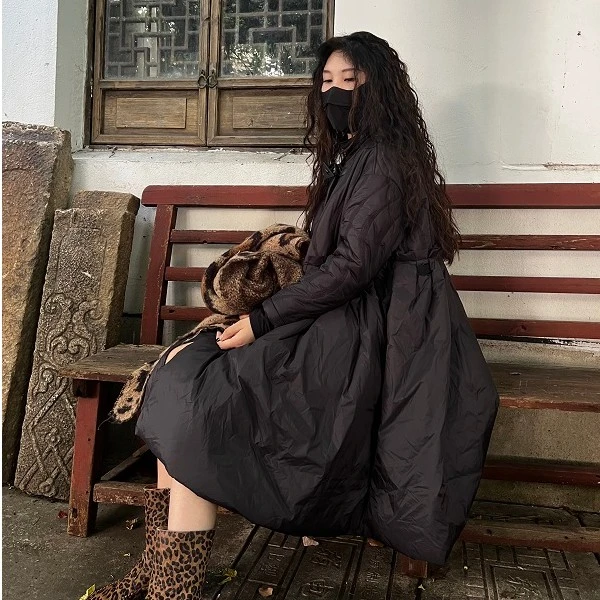 museguhui/木色古汇2412067#时尚长款上棉下羽绒拼接宽松外套冬季