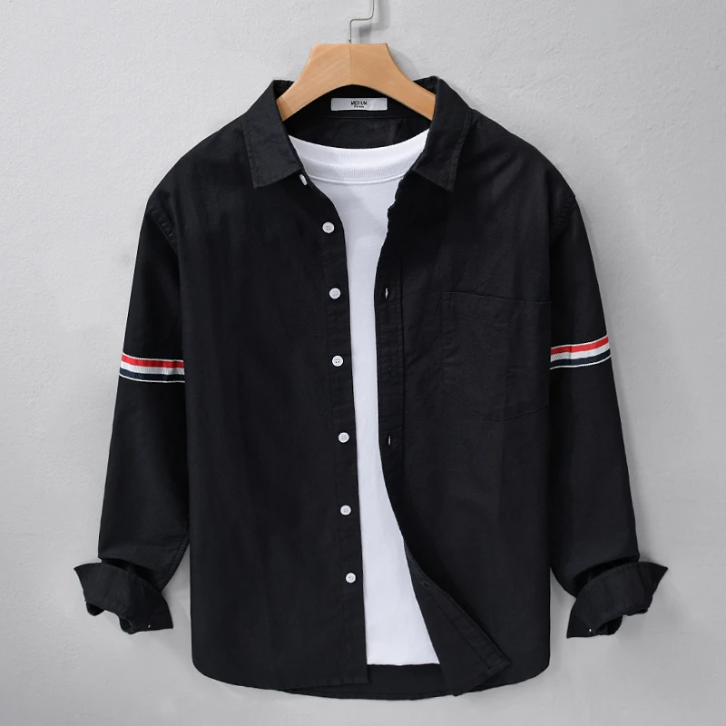 9827男士长袖衬衫春秋休闲青年织带百搭帅气简约流行打底衬衣外套