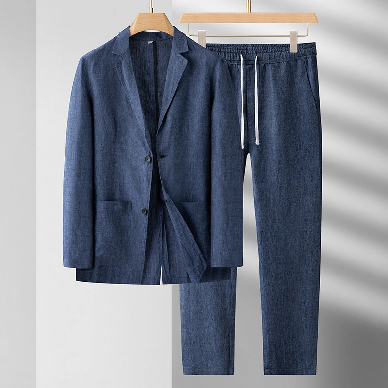 纯亚麻西服《九分裤》套装男士宽松平驳领宽松薄款商务休闲西装外套