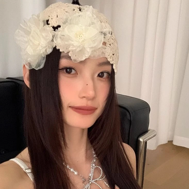 钩织镂空薄款花朵帽子2025新款夏季温柔复古包头帽甜美百搭毛线帽