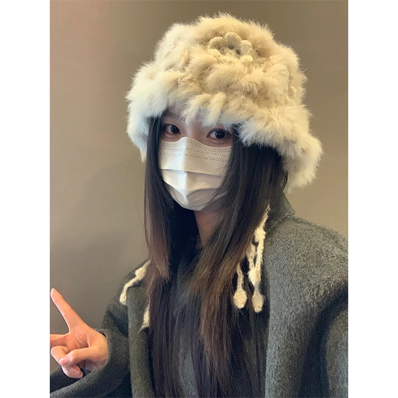 兔毛花朵针织毛绒帽子女秋冬季加厚保暖显脸小渔夫帽百搭流苏盆帽