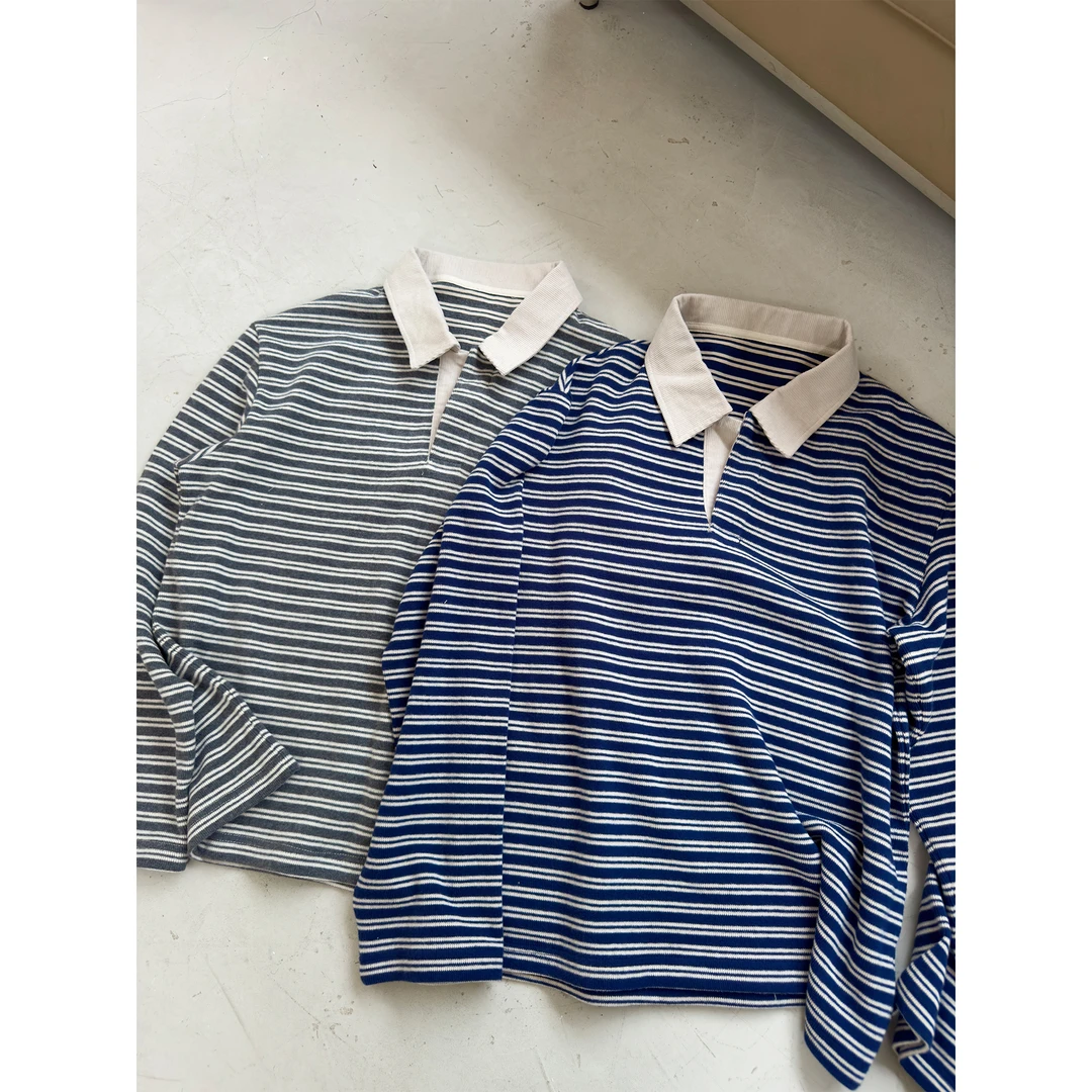 Erole 24aw米呢绒重磅条纹撞色拼接polo长袖cleanfit复古学院T恤