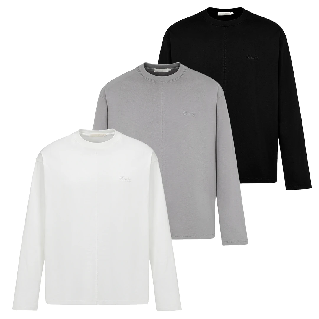 Erole 310g百灵达刺绣纯棉基础长袖T恤宽松内搭小领口打底衫上衣