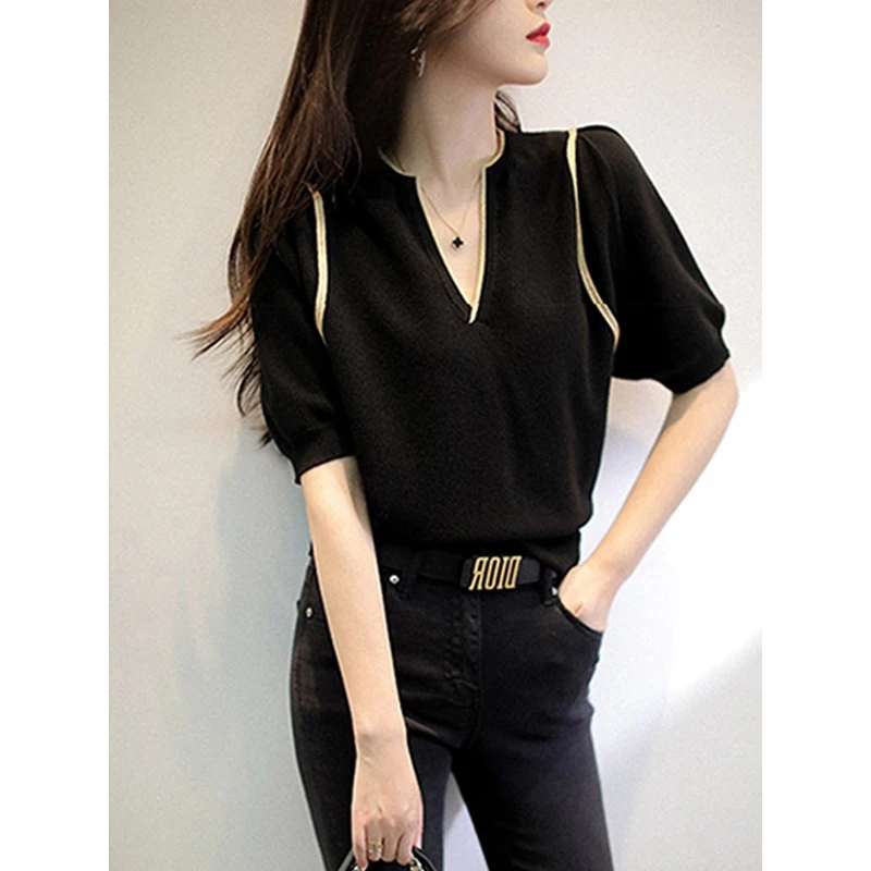 黑色V领针织打底短袖T恤女2025新款夏季气质洋气小衫薄款显瘦上衣