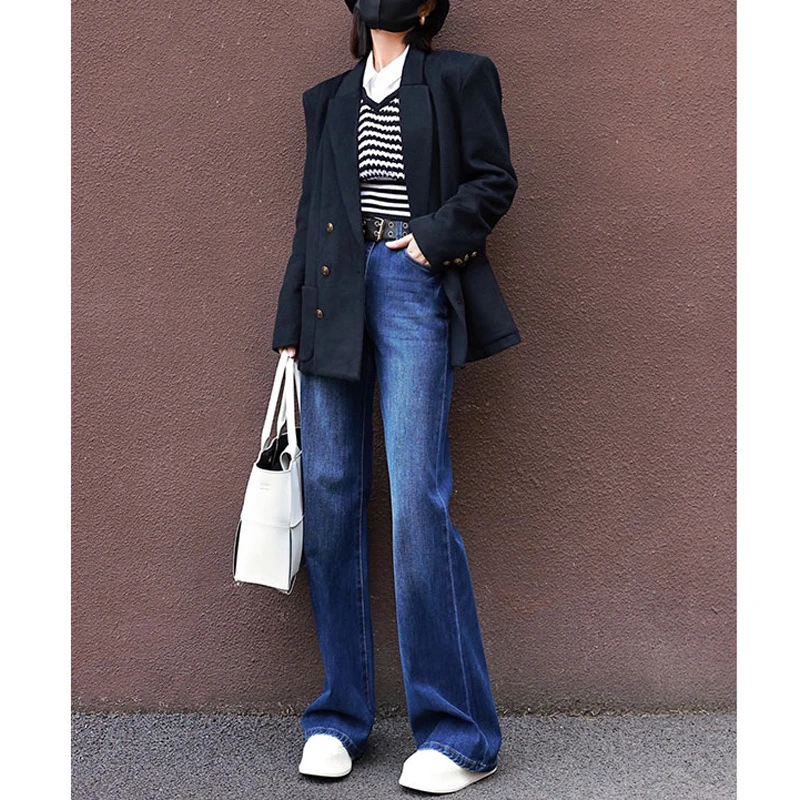 深蓝色微喇裤阔腿牛仔裤女2025春秋新款欧货高腰直筒加绒拖地女裤
