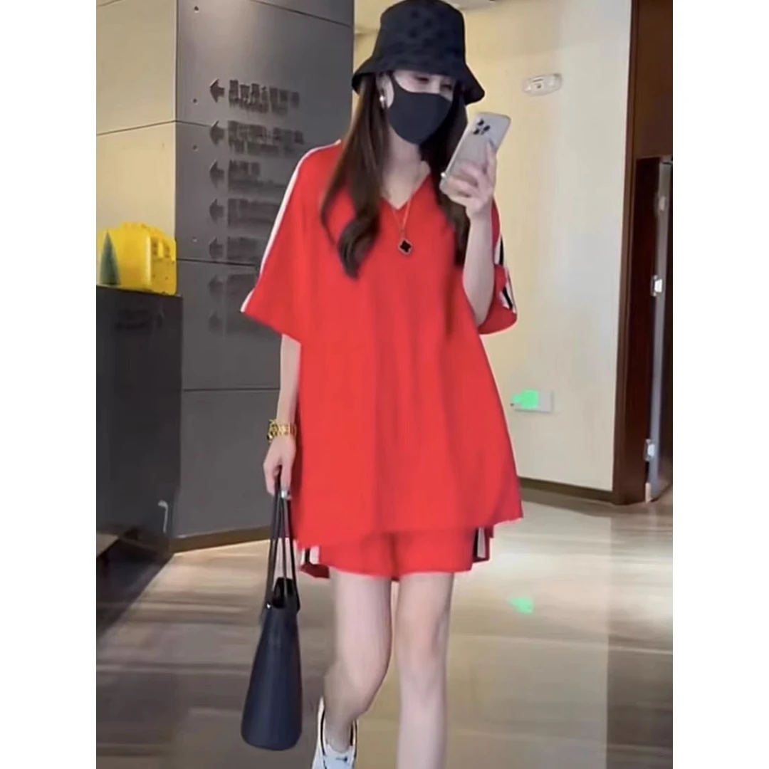 高档大码时尚洋气红色运动服套装夏季薄款气质女装休闲短裤两件套