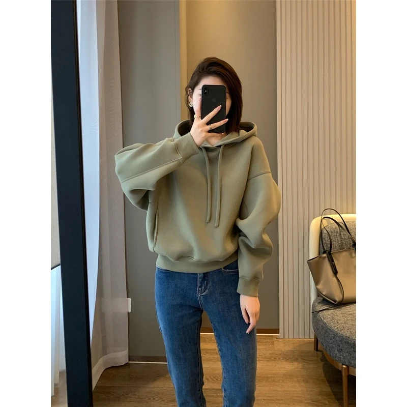 小个子连帽加绒加厚卫衣外套女款2025秋冬装新款短款宽松洋气上衣