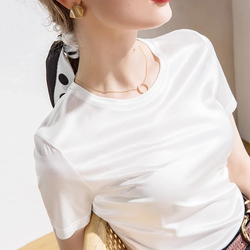 真丝白色短袖t恤女夏季新款醋酸缎面高端桑蚕丝短款上衣欧货小衫