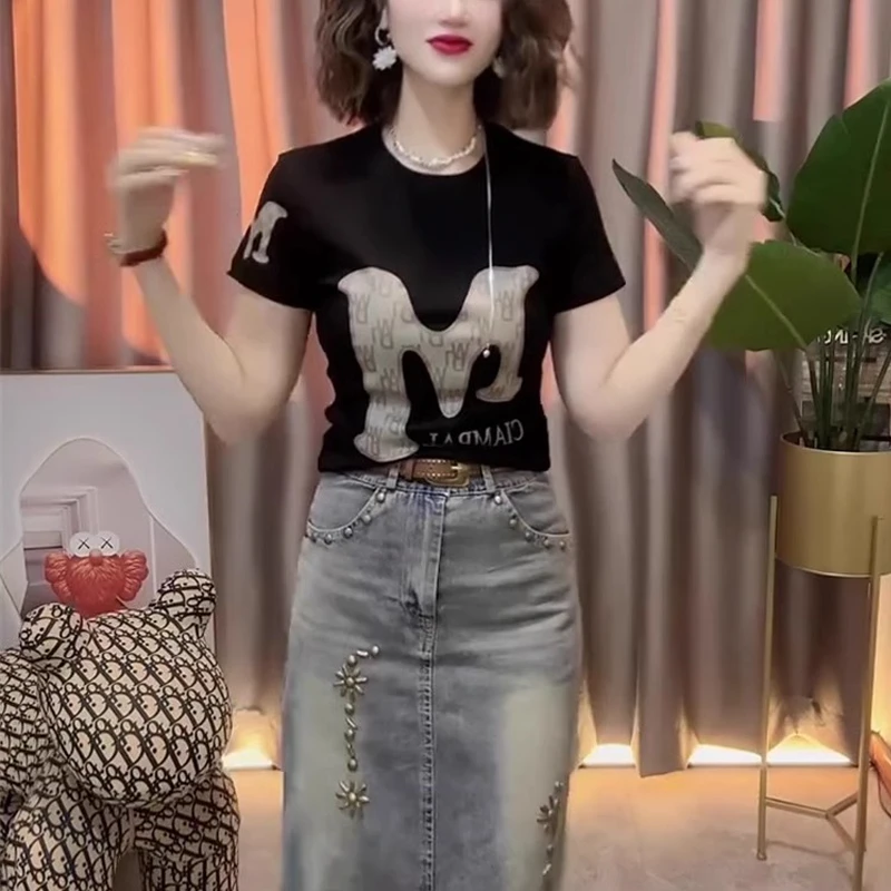 欧货爆款时尚圆领休闲洋气减龄小衫夏季女装字母印花修身短袖T恤