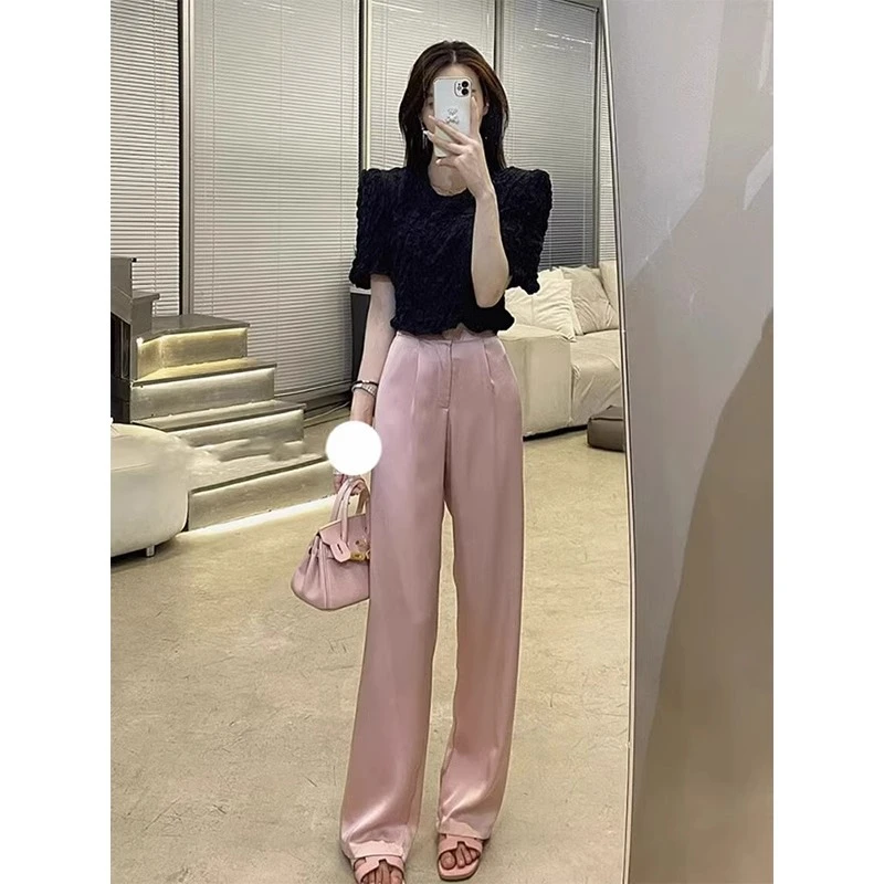 粉色醋酸缎面冰丝阔腿裤女春秋高腰垂感女士直筒裤子休闲拖地长裤