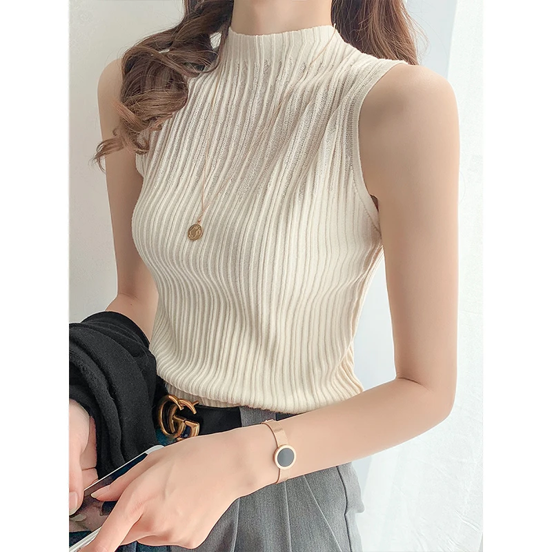 半高领冰丝白色针织小背心女外穿美背西装内搭上衣无袖打底衫洋气