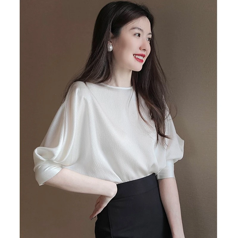 醋酸法式雪纺白色衬衫女新款夏季蝙蝠短袖气质宽松遮肚洋气上衣薄