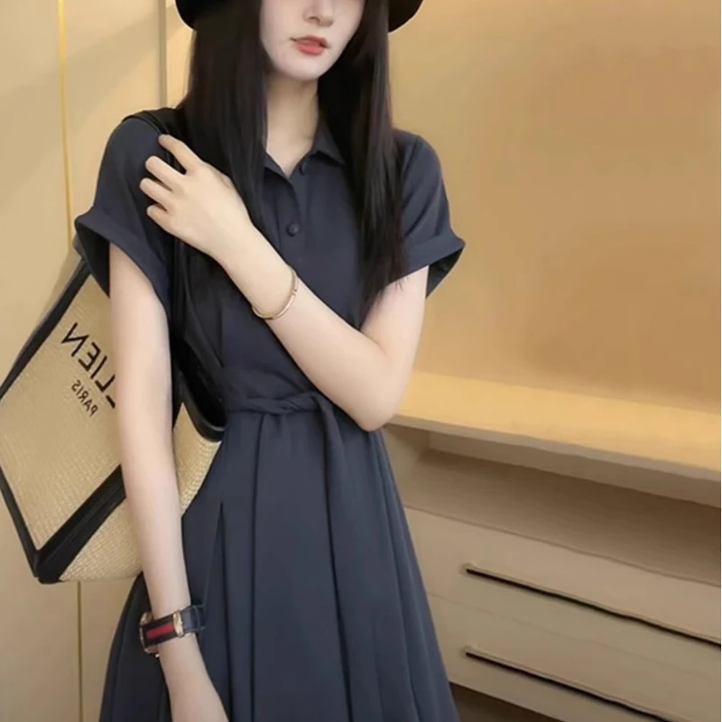 赫本风polo领连衣裙女夏季收腰显瘦中长款气质高端开叉法式长裙子