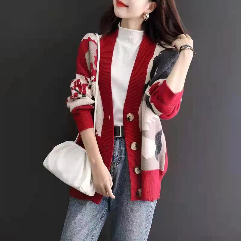 红色中长款针织开衫薄款外套女春秋2025新款早秋洋气小衫外搭上衣