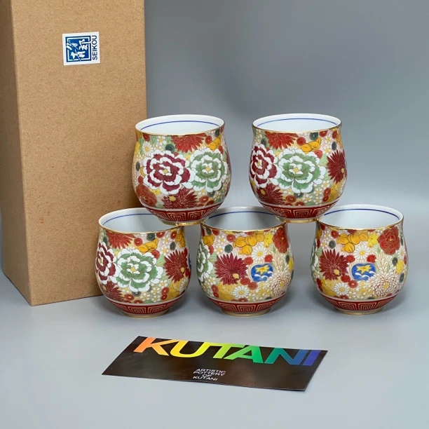 日本九谷烧青郊手工手作彩绘描金百花不落地日式艺术家用陶瓷茶杯