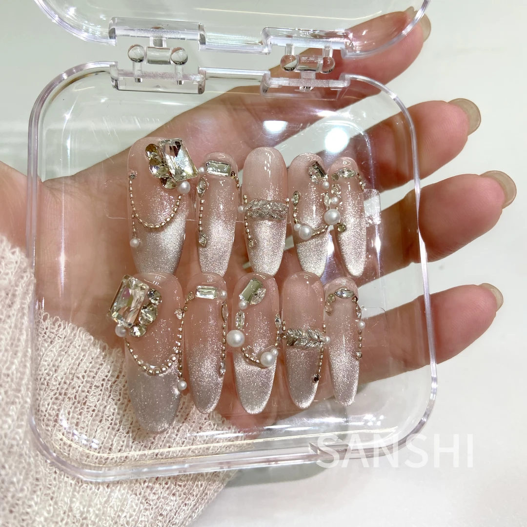 SHANSHI·梦巴黎·长椭圆爆闪猫眼小钢珠拼钻名媛风手工穿戴甲