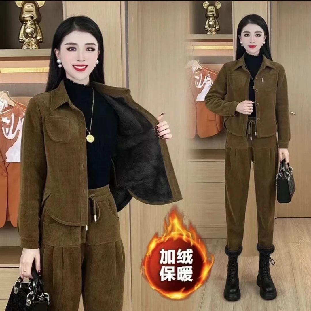 冬季加绒保暖时尚套装女新款减龄欧棉绒外套加厚高档气质两件套