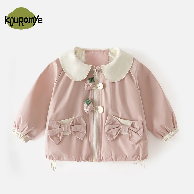 酷娃米2024年秋季新款女童舒适百搭娃娃领蝴蝶结口袋外套20575