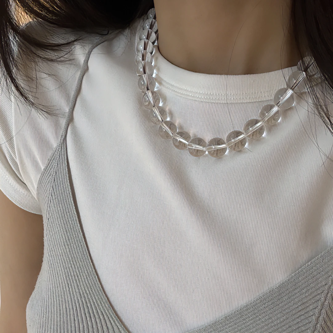 925银银制品 韩国Room设计师小众百搭白圆珠镀银ot扣气质项链