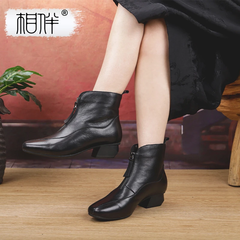 相伴秋冬加绒时尚百搭复古粗跟真皮中跟中年妈妈英伦风短靴53008