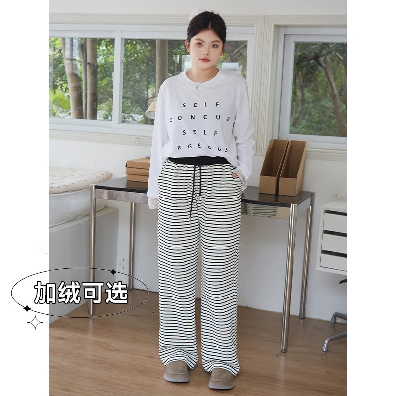 大码女装秋动直筒休闲慵懒风条纹裤直筒裤/加绒 3906