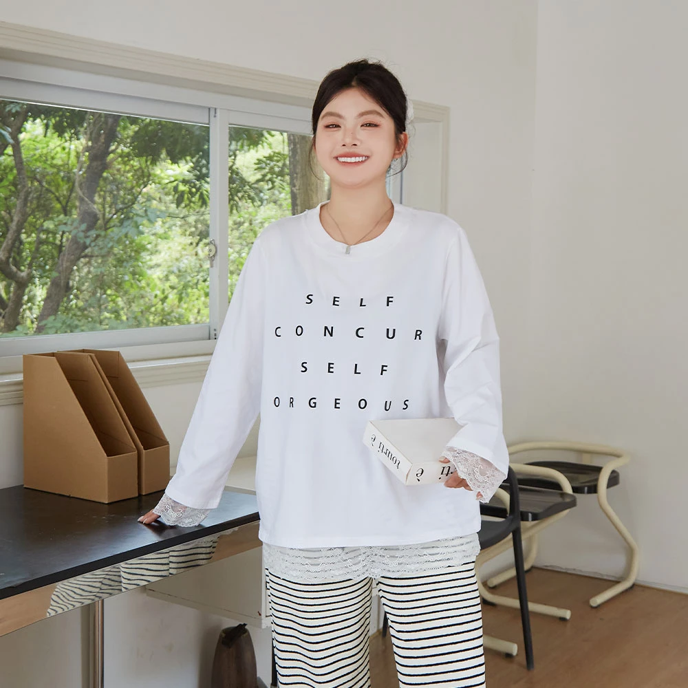 大码女装韩版宽松休闲蕾丝拼接长袖T时尚内搭外穿 3821