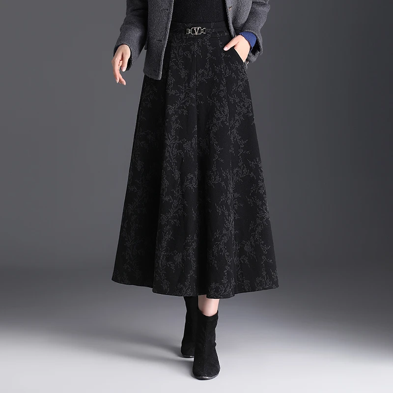 长裙半身裙女2024秋冬新款加厚印花百褶高腰遮胯大摆a字毛呢裙子