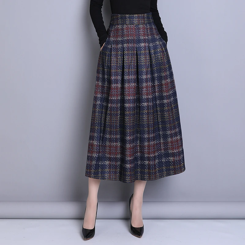 小碎花毛呢半身裙女秋冬季大码百褶裙2023高腰A字蓬蓬大摆裙长裙