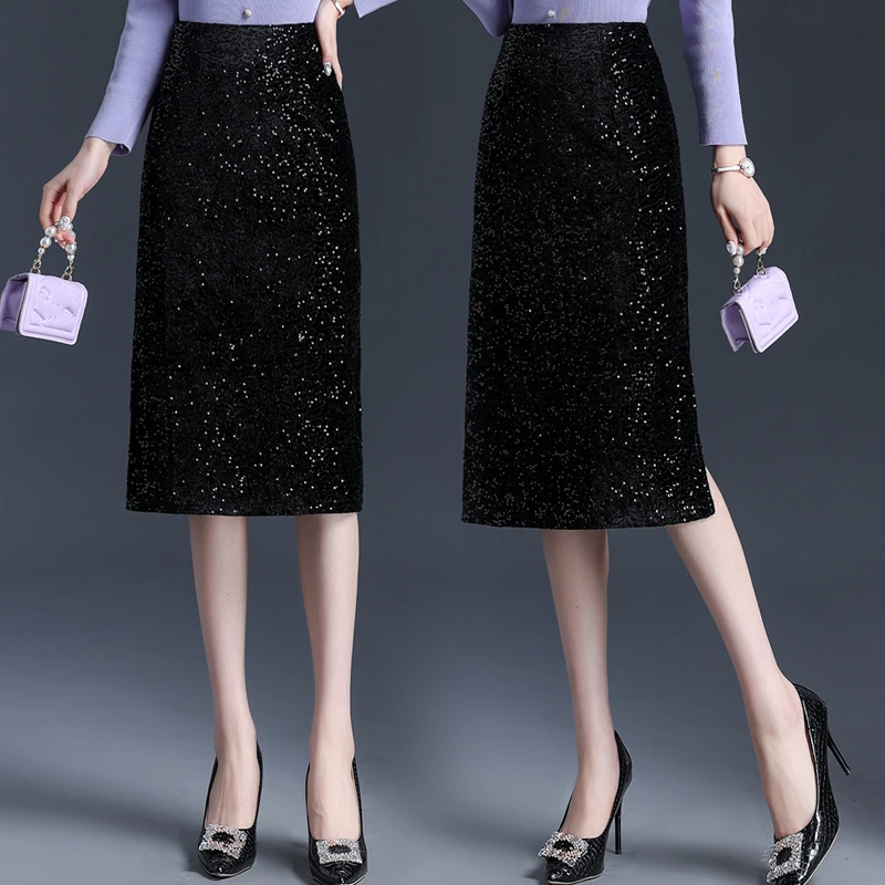 高级感星空亮片半身裙女2025春秋新款高腰包臀裙显瘦中长款一步裙