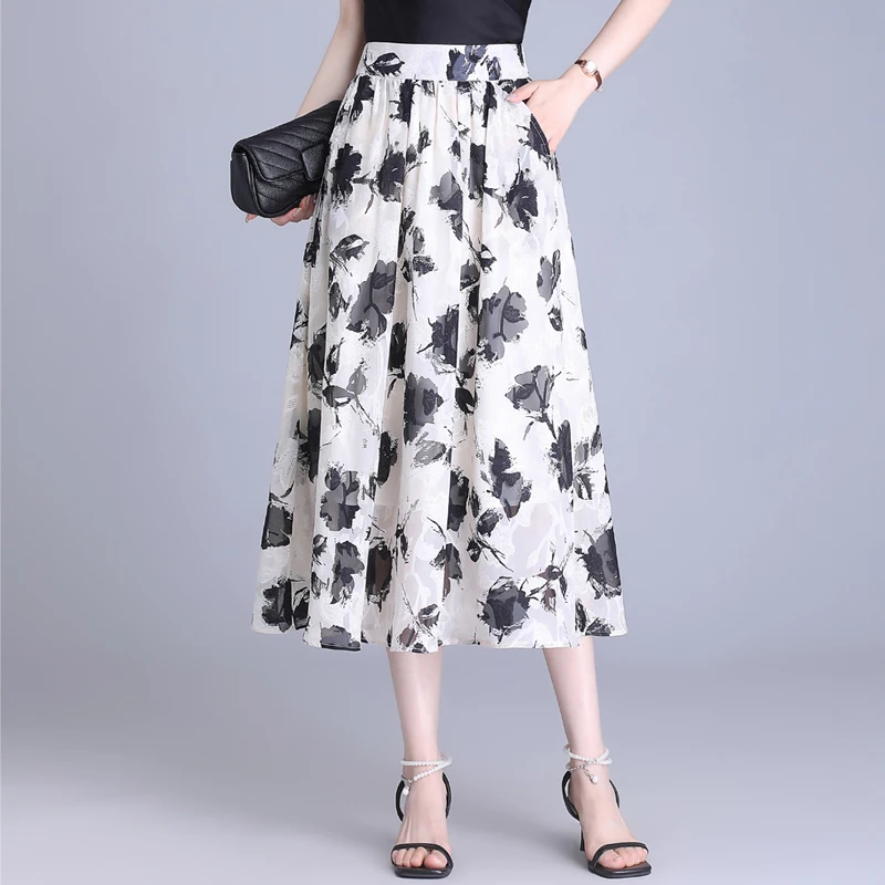 2025新款印花半身裙夏季中长款显瘦a字大摆裙时尚减龄高腰百褶裙