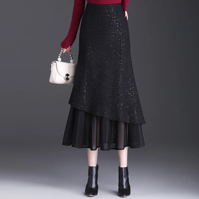 加厚网纱边鱼尾裙长裙优雅小香风亮片冬季高腰显瘦包臀A字半身裙