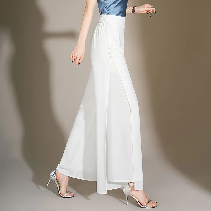 2025国风冰丝雪纺阔腿裤女高腰垂感宽松夏季薄款直筒开叉休闲裤