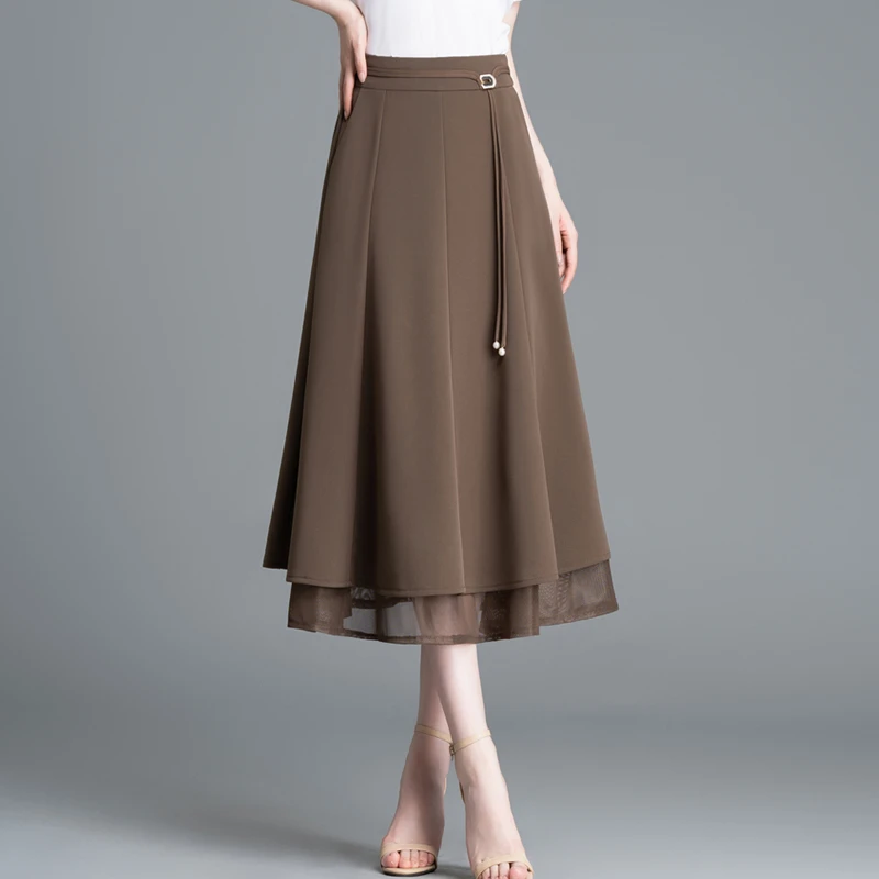 咖色半身裙女夏季裙子大码半裙高腰显瘦百褶中长款八片式a字裙女