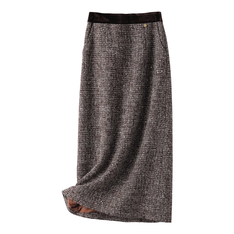 小香风粗纺毛呢半身裙女高腰秋冬新款亮丝中长款包臀冬裙直筒裙