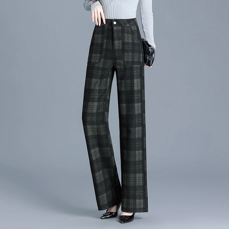时尚秋冬新款加厚保暖毛呢格子直筒裤高腰阔腿显瘦窄版女士休闲裤