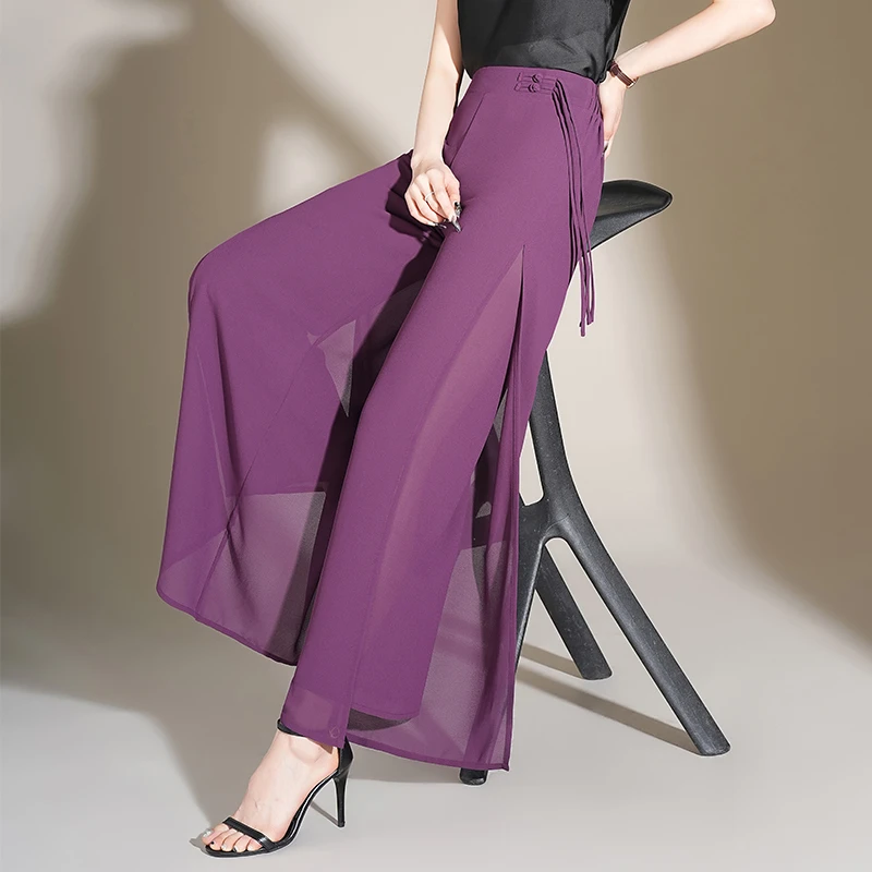 飘逸国风阔腿裤女长裤夏季薄款高腰垂感开叉雪纺裙裤宽松休闲裤