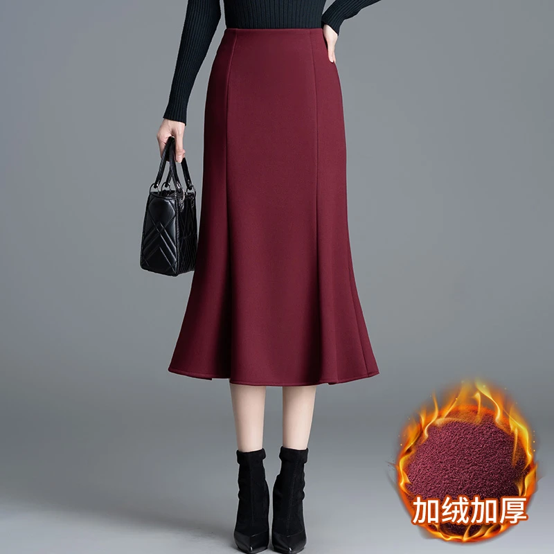 加绒鱼尾裙半身裙女秋冬2024年新款高腰中长款加厚冬裙显瘦包臀裙