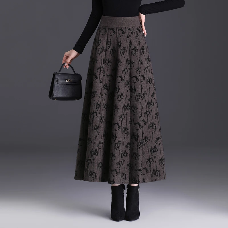 印花裙女高腰A字半身裙秋冬季加厚显瘦长款碎花毛线裙大摆裙