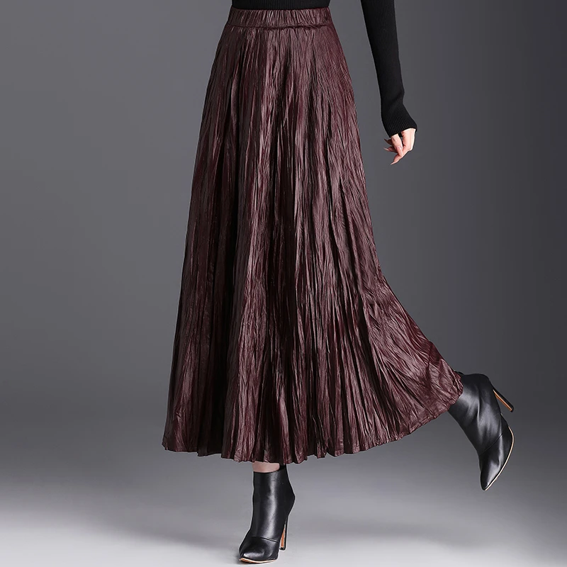 松紧腰时尚褶皱皮裙半身裙春季女秋冬显瘦垂感百褶a字大摆裙长裙