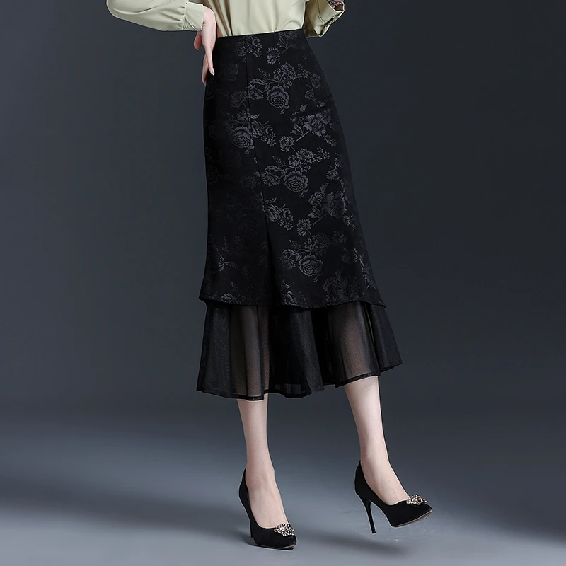 网纱边提花长裙半身裙女2024秋季新款高腰显瘦包臀暗纹一步裙